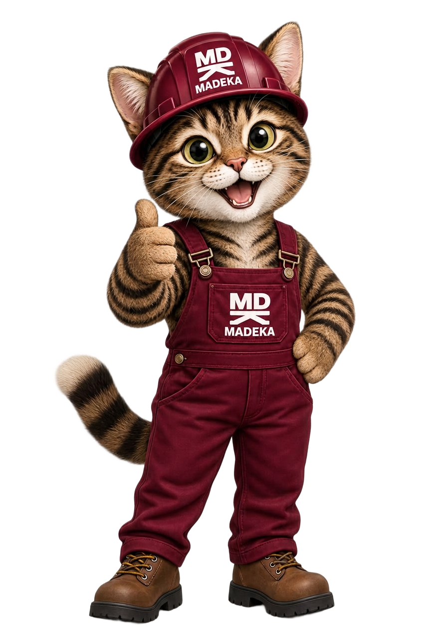 Napoleón, la mascota de Madeka, con casco y overol